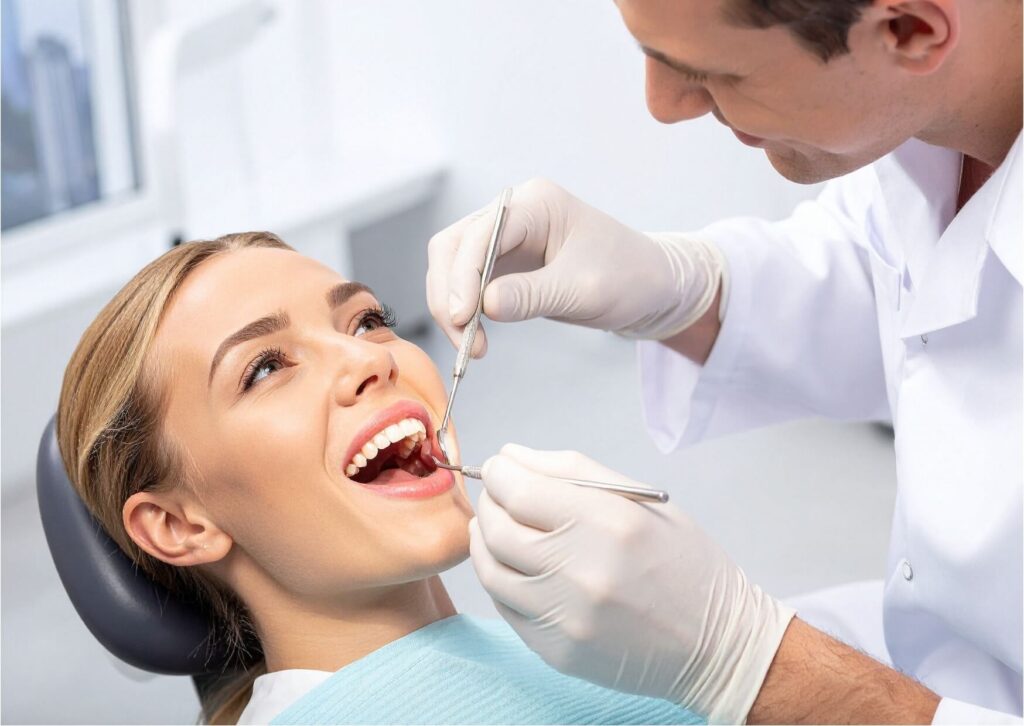 Dentist performing tooth bonding to repair a chipped tooth and improve the appearance of a patient's smile.