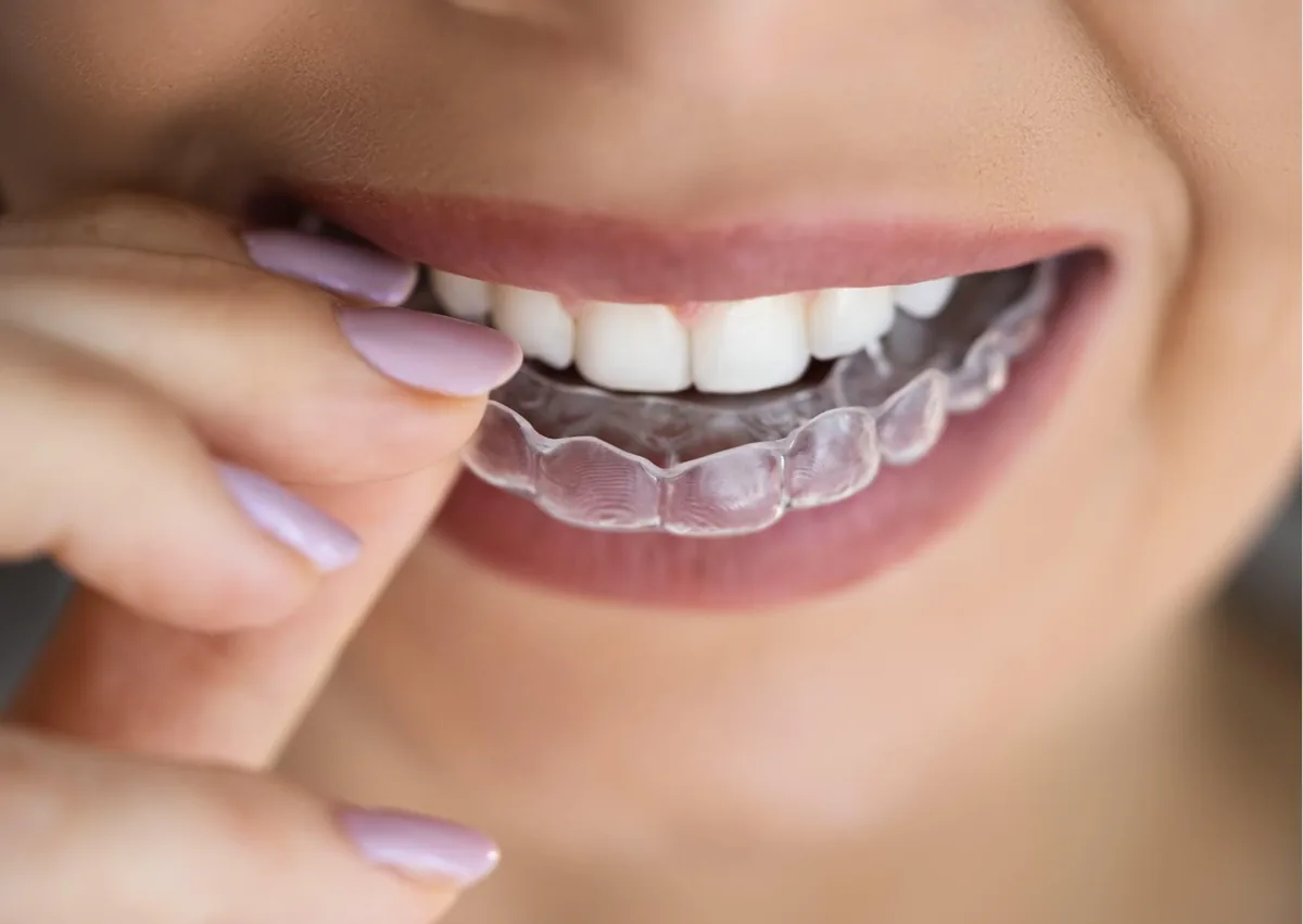 Woman holding a nightguard used to help protect veneers and make them last longer.